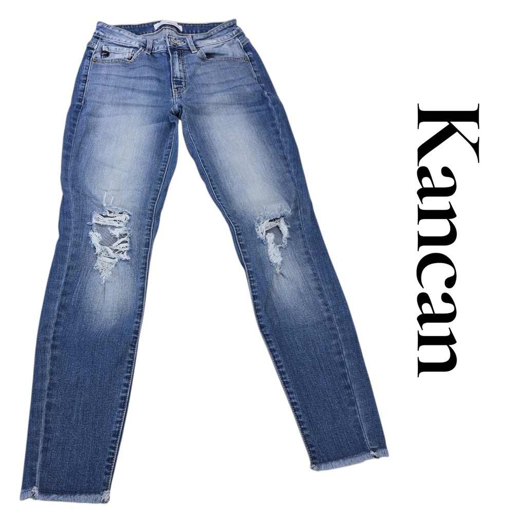 KanCan Womens Distressed‎ Skinny Jeans Medium Wash Raw Hem KC8274M Size 5 26